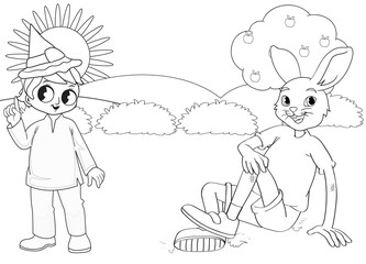 coloring page rabbit and cute boy in forest, landscape and trees