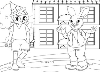 coloring page rabbit and cute boy in forest, landscape and trees