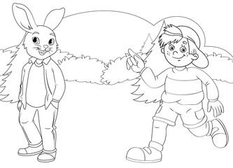 Coloring page rabbit and little boy in forest
