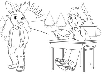 Coloring page rabbit and little boy in forest