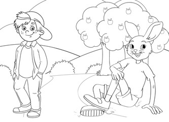 Coloring page rabbit and little boy in forest