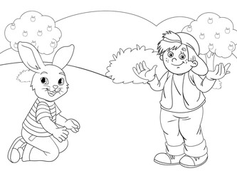 Coloring page rabbit and little boy in forest