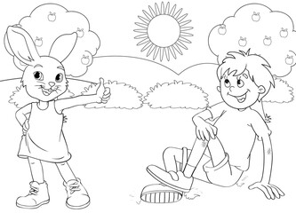 Coloring page rabbit and little boy in forest