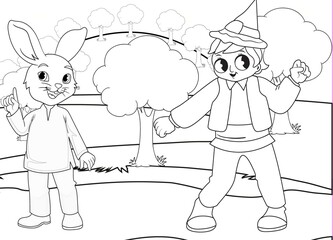 Coloring page rabbit and little boy in forest