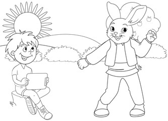 Coloring page rabbit and little boy in forest