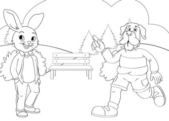 coloring page rabbit and puppy with nature background