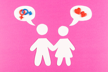 A man's thoughts are about sex, and a woman's thoughts are about love. The concept of a couple relationship, emotions. Silhouettes of a girl and a guy with a speech balloon with a heart and a sex icon