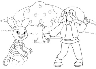 Fototapeta na wymiar coloring page rabbit and puppy with nature background