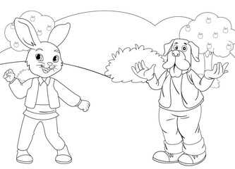 coloring page rabbit and puppy with nature background