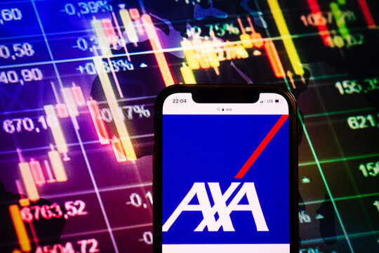 KONSKIE, POLAND - August 10, 2022: Smartphone displaying logo of AXA company on stock exchange chart background