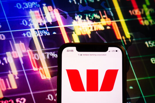 KONSKIE, POLAND - August 10, 2022: Smartphone displaying logo of Westpac Banking Corporation company on stock exchange chart background
