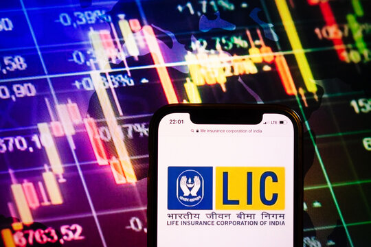 KONSKIE, POLAND - August 10, 2022: Smartphone displaying logo of Life Insurance Corporation of India (LIC) company on stock exchange chart background