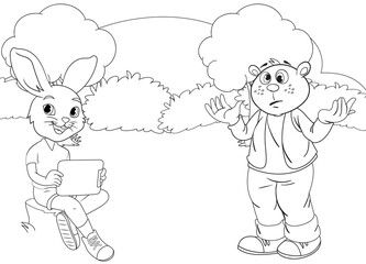 Rabbit coloring page tree and landscape with cartoon character