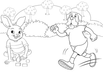 Rabbit coloring page tree and landscape with cartoon character