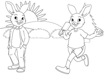 Simple coloring page rabbit and cartoon character with landscape background 
