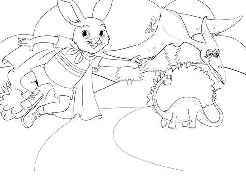 Rabbit coloring page tree and landscape with cartoon character