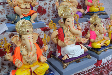 19 August 2022, Pune, India, Ganesha or Ganapati for sale at a shop on the event of Ganesh festival...
