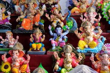 19 August 2022, Pune, India, Ganesha or Ganapati for sale at a shop on the event of Ganesh festival...
