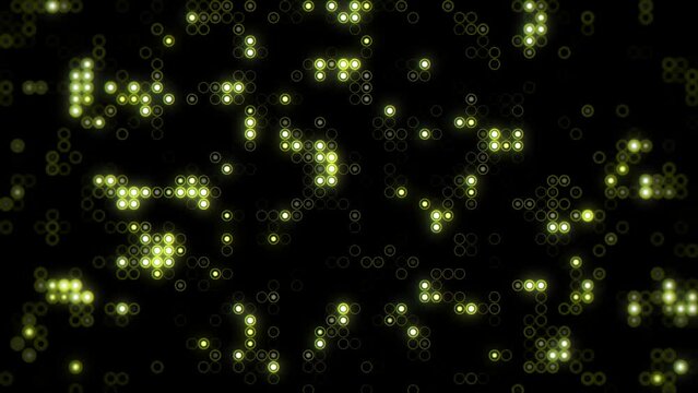 Row of glittering glamor particle lights with random switch on yellow, computer generated nightclub background, 3d rendering
