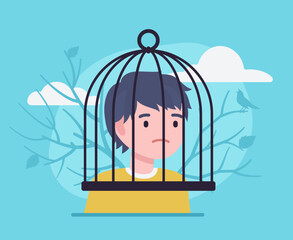 Man, human brain trapped in cage, obstruction. Depression, panic and worry, obsessed, memory problems, cognitive therapy, mind under influence, self-control, prisoner capture. Vector illustration