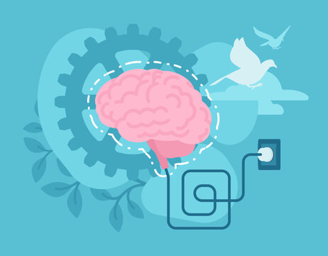 Brain activation, human mind and consciousness. Psychology, strong cognitive process, agile charging, adaptable study, mental fitness, developing idea, busy productive work. Vector illustration