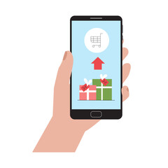 Hand holding smartphone, makes internet order. Sales and discounts of gifts for the New Year or Christmas holiday.Online shopping concept, flat style.Isolated.Vector illustration