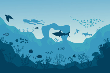 silhouette of coral reef with fish on blue sea background underwater vector illustration
