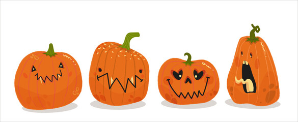 Set of cute cartoon pumpkins on the white background.Halloween celebration. Orange pumpkin with smile for your design for Halloween.