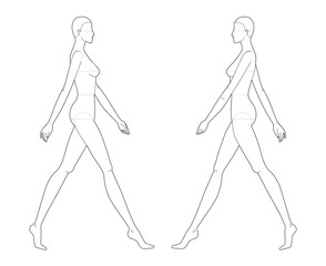 Walking women Fashion template 9 nine head size female with main lines for technical clothes drawing. Lady figures side view. Vector isolated outline sketch girl for fashion sketching and illustration