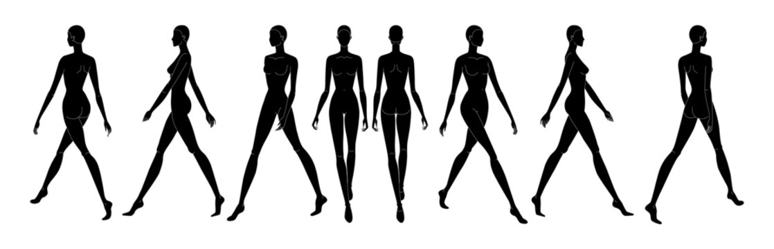 Set of Silhouette Walking women Fashion template 9 nine head size female for technical drawing. Lady figure front, side, 3-4 and back view. Vector outline girl for fashion sketching and illustration.