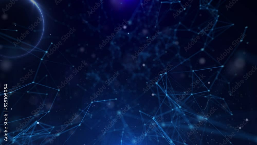 Poster Abstract polygonal, low poly network connection structure zoom in or fly through 1 step 4K motion. Technology blue dots, lines mesh flowing in blue cyber space with glow circle ring background.