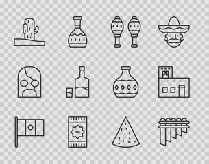 Set line Mexico flag, Pan flute, Maracas, Mexican carpet, Cactus, Tequila bottle and glass, Nachos and house icon. Vector