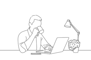 Cartoon of businessman drinking coffee while sitting at his working place at night time rebooting his energy to work. Outline drawing style art