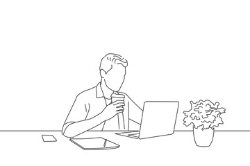 Illustration of handsome worker in glasses drinking coffee while watching video on his laptop at office. Oneline art drawing style