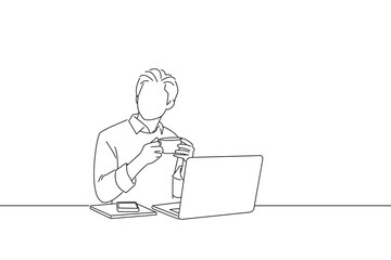 Illustration of handsome businessman working on laptop and smiling while enjoying coffee in café. Outline drawing style art