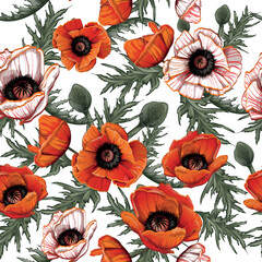 pattern of red poppies with a black center hand-drawn