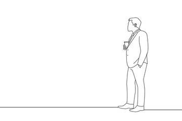 Drawing of businessman drinking a coffee and looking out. Oneline art drawing style