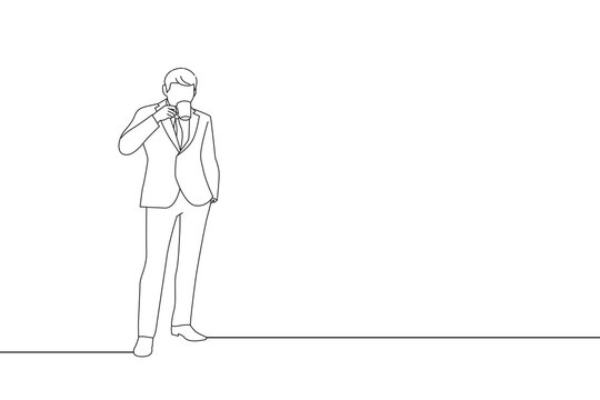 recommend clip art: Cartoon of businessman standing and drinking coffee. One line art