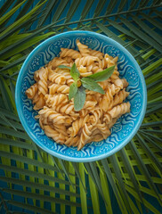 Bowl of fusilli macaroni on green leaves