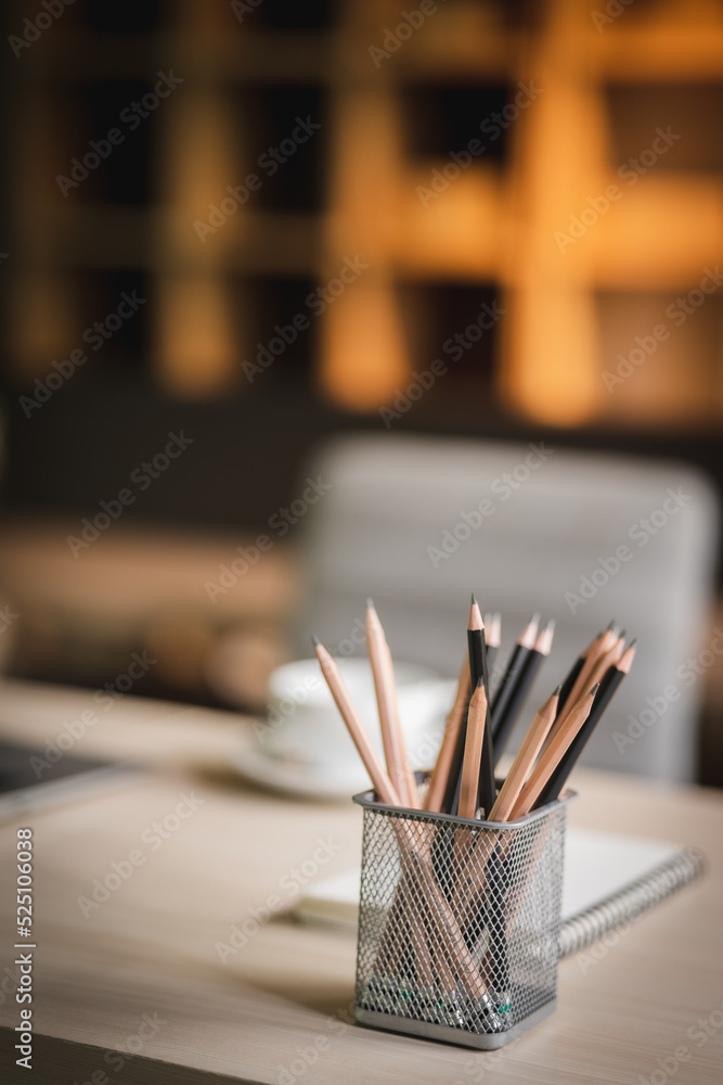 Poster closeup office business workplace with laptop on desk computer background document on table copy spa