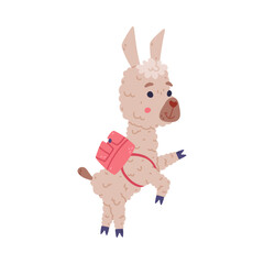 Cute baby llama walking with backpack. Alpaca character domesticated animal. Childish print for sticker, card, textile, nursery decor vector illustration