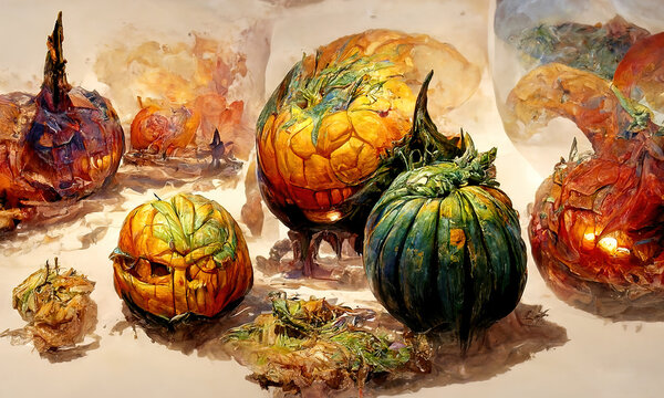 Vibrant composition of abstarct fantasy pumpkins of various shapes.