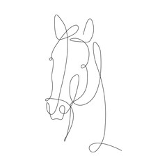 Silhouette of a horse's head drawn in one continuous line. Design suitable for horse racing logo, mascot, tattoo, decor, postcard, banner, poster, t-shirt printing. Isolated vector