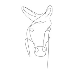 Horse head drawn in one continuous line in minimalist style. Design suitable for equestrian club logo, mascot, tattoo, jewelry, emblem, poster, flyer, t-shirt print. Isolated vector