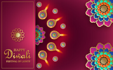 Happy Diwali vector illustration. Festive Diwali and Deepawali card. The Indian festival of lights