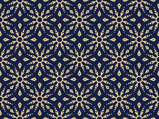 Materiał do szycia Abstract geometric pattern with lines, snowflakes. A seamless vector background. Gold and dark blue texture. Graphic modern pattern
