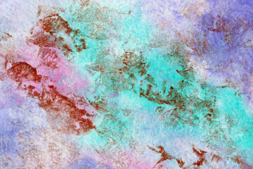 Rough multicolored watercolor texture with golden scuffs. Abstract hand-drawn background in pink and blue colors.