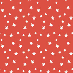 Seamless pattern with abstract five-pointed stars with soft edges in bright contrast red and white colours. Vector illustration in hand drawn flat style for wrapping paper, fabric and textile