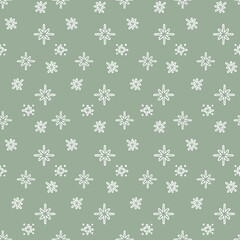 Seamless pattern with snowflakes in coniferous green and white colours Vector illustration in flat style Abstract winter collection for wrapping paper, textile, fabric, packaging decoration