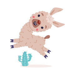 Cute baby llama happily jumping. Alpaca character domesticated animal. Childish print for sticker, card, textile, nursery decor vector illustration © topvectors
